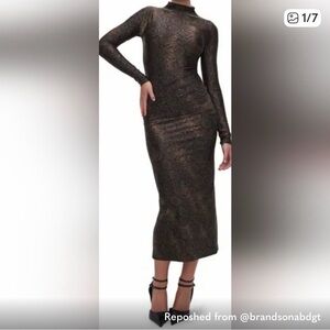Good American Black and brown midi Long Sleeve Dress stretchy and hugging.